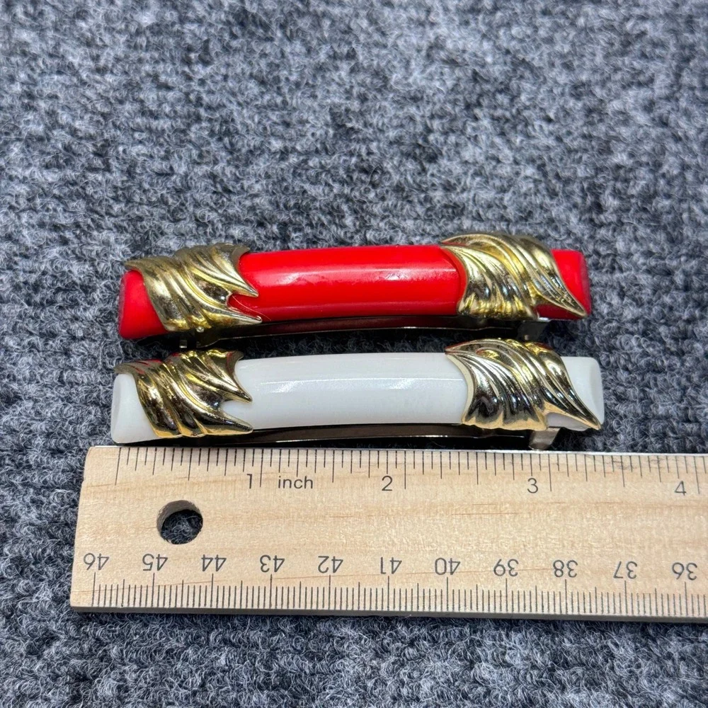 Vintage Barrette Hair Clips Women Red White Gold French Retro Parisian Coquette